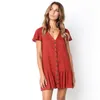 Plissée à volants femme Sundres robe d'été Sexy col en V lin boutons courts Mini Vestidos une ligne lâche robes décontractées 210623