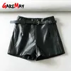 Pu Leather Shorts Women's High Waist Faux Skirt Female Autumn Winter Black Belt Wide Leg Ladies Casual XL 210428