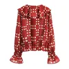 Women Red Beige Long Sleeve Turn Down Collar Shirt Blouse Polka Dot Chiffon Ruffle Spring B0488 210514