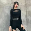 Insgoth Streetwear с длинным рукавом черные базовые топы готические сексуальные выдолбленные тощие топы Punk High Street Chic Tops Женщины осень 2020 Y0621