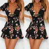 Kobiety Sukienka Boho Floral Print Beacdress Wrap Frill Mini Krótki Sundress Vintage Letnia V-Neck Eleganckie Ladies Ruffles Odzież 210522