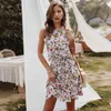 Kortärmad sexig sommarkvinnaklänningsbälte ruffles hem vestido o nack strand boho randig elegant fest mini röda klänningar 210415