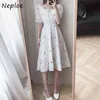 Haft Hollow Out Sukienka Kobiety Koreański Chic Kołnierz Kołnierz Rękaw Suknie Femme Moda Slim Słodka Vestidos 210422