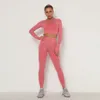 Seamless Woman Yoga outfits 2pcs Sports fitness Long Sleeved Shirt Crop GYM Tight Waisted Leggings Exercise Workout Training Pants Set Hip Lift Lady clothing