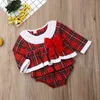 0-24m Boże Narodzenie Baby Girl Pajacyki Urodzone Czerwone Kostiumy Xmas Kostiumy Plaid Ruffles Kombinezon Z Długim Rękawem Odzież Jesienny Outfit 211229