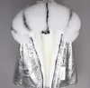 snow coats fox fur trim hoody mukla furs women parkas white rabbit fur lining grey mini jackets ykk zipper coat hood Front flapped pockets with hidden snaps