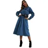 Casual Dresses Lugentolo Denim Dress Women 2022 Fall Fashion Ruffled Long Sleeves Loose High Waist Doll Collar Solid A-Line