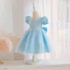 6M-5Y Maluch Niemowlę Baby Kid Girls Sukienka Koronki Bow Puff Rękaw Tulle Party Wedding Birthday Dresses dla 210515