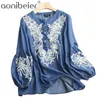 Blouse en denim de broderie florale Femmes Été Automne Casual O Cou Doux Bleu Clair Tops S Mujer 210604