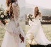 2021 Bohemian Country Abiti da sposa con maniche lunghe trasparenti Bateau Neck A Line Applique in pizzo Chiffon Boho Abiti da sposa economici