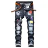 Unique Men Painted Rips Jeans Stretch Black Diseñador de moda Slim Fit Washed Motocycle Denim Pantalones Paneles Hip HopPantalones 1012