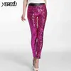 # 0503 Spring Summer Punk PU pusquins leggings sequin byxor elastisk hög midja sexig klubb faux läder glänsande silver / guld / röd 211215