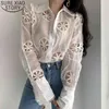 Floral borduurwerk Hoge kwaliteit holle tops lente witte kant blouse sexy doorkijk door lange mouw shirt plus size 13369 210417