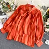 Women's Shirt Sprin Autumn Satin Bow Collar Puff Sleeve Loose Office Lady Top Women Blouse Plus Size Tops ML671 210506