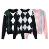 Sweet girls vintage knitted argyle sweaters early autumn fashion ladies pullovers cute women chic sweater streetwear 210427