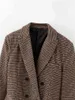 Eleganckie kobiety Podwójne Breasted Blazer Jesień Biuro Damskie Kurtki Przyczynowe Kobiet Brown Plaid Luźne Garnitury Girls Chic Zestawy 210427