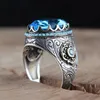 Retro Handmade Turkish Signet Ring For Men Women Ancient Silver Color Carved Ring Inlaid Blue Zircon Party Punk Motor Biker Ring9283679