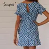Vintage Daisy Print Casual Blue Women Summer Country Style Hollow Out Boho Dresses Fashion Asymmetry Mini Dress 210414