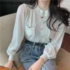 Nomikuma Korean Fashion Puff Sleeve Tunna Pullovers Jumper Chiffon Patchwork Knitwear Elegants Beskära Toppar Kvinnor Ropa Mujer 3c633 210514