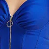 Femmes gratuites Sexy carte épaule bleu robe de pansement avant Zip manches à volants moulante célébrité Club fête Mini Vestido 210524