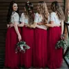 Weißes burgunderrotes Brautjungfernkleid, zweiteilig, kurze Ärmel, Spitze, A-Linie, bodenlang, langes Hochzeitskleid