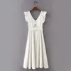 Robe Maxi en lin blanc d'été avec poches femmes dos creux ceinture volants débardeur sexy col en v robes 210421