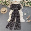 Sweet Ruffled One-line Collar Strapless Short-sleeved Retro Print Lace-up Waist Thinning Wide-leg Pants Holiday Jumpsuit GK639 210506