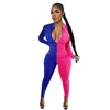 Women's Jumpsuits & Rompers Front Zipper Up Sexy One Piece Bodysuit Women Deep V Neck Long Sleeve Jumpsuit Plus Size Color Block Full Length