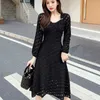 LY VAREY LIN Spring Women Slim Lace Dress Elegant Pearl Long Sleeve Square Collar Mid-Calf 210526