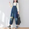 Johnature Loose Retro Pockets Solid Color Plus Size Adjustable Denim Jumpsuits Autumn Leisure All-match Women Jumpsuits 210521