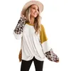 T-shirt da donna T-shirt da donna in cotone con stampa leopardata T-shirt a maniche lunghe con patchwork Top casual 2022 Abbigliamento autunnale