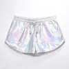 Femmes shorts métalliques brillants été holographiques holographiques humides casual cordon de cordon élastique rave butin 210719