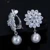 Ingen piercing vit cz kristall dangle droppe pärla blomma klipp på örhängen icke-hål pierced öra smycken för kvinnor cz410 210714