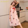 Soft Woman Girl Homedress Night Wear ies for Gown Sleep Shirt Long Printing Bow Clothes 210924