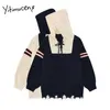 Yitimuceng Hooded Tröja Kvinnor Rippad Tassel Vinter Kläder Fall Pullovers Casual Lace Up Patchwork Koreanska Toppar Stickad 210601