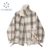 Winter Lamm Wolle Mantel Plaid Frauen Bär Nette Student Verdicken Jacke Kleine Frische Weiche Schwester Lose Langarm Oberbekleidung Tops 210417