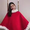 C5488 New Christmas Poncho Wool Blends Plush Faux Fur Collar Cape Cloak Outwear Coat Pullovers Ponchos