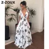 Kobiety Dress V-Neck Bez Rękawów Sling Floral Flower Print Plus Size Maxi Beach Es White Fashion 210513