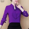 Kvinnor och blusar damer chiffon blus båge solida blusas femininas tröjor för kvinnor toppar plus storlek svart 8053 50 210415