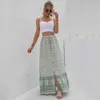 Women Clothing Casual Boho Print Lace Up Maxi Skirts Summer Fashion Empire Loose Long Skirt Green Slit Beach Womens 210629