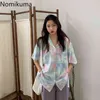 Nomikuma الكورية الصيف قصيرة الأكمام قمصان النساء الملونة اللون رفض طوق واحد برستد بلوزة الأزياء blusas موهير 210514