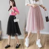 Jupes à tulle Midi Jupe plissée Midi Noir Rose Tulle Jupe Femmes Printemps Summer Coréen Élastique Taille haute Maille Tutu jupe 210408