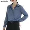 Blusas de moda de primavera y otoño para mujer, ropa femenina azul y blanca, camisa básica de satén, Blusa de manga larga, Blusa femenina sencilla OL 210520