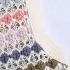 女性かぎ針編みの中空ニットベストトップトップ甘いラウンドネックノースリーブストライプレインボーカラーニットベスト210521