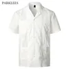 Broderi Floral Patchwork Shirts för män Casual Multi-Pocket Mens Kortärmad tröja Kubansk Camp Guayabera Etniska Män Kläder 210524