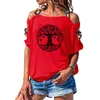 Mandala Circle Trees Camiseta Árbol Mujeres sueltas Algodón Manga corta Camisetas femeninas Moda Hollow Out Hombro Tees X0628