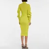 リブベッドシルクドレス女性黄色いスパイラルスリーブスリムフィットセクシーボディコンニットパーティードレスBottega Female Veneta TurtleNeck Dress Y1006