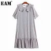 [EAM] Dames Purple Print Ruffles Big Size Midi Jurk Peter Pan Hals Korte Mouw Losse Mode Lente Zomer 1DD6849 21512