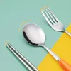 Cute Stainless steel Cutlery Full Travel Hiking Tableware for Kids Picnic Portable Forks Spoons Flatware set Household 211229