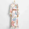 Patchwork Ruffle Elegant Dress For Women V Neck Long Sleeve High Waist Sashes Print Hit Color Vintage Dresses 210520